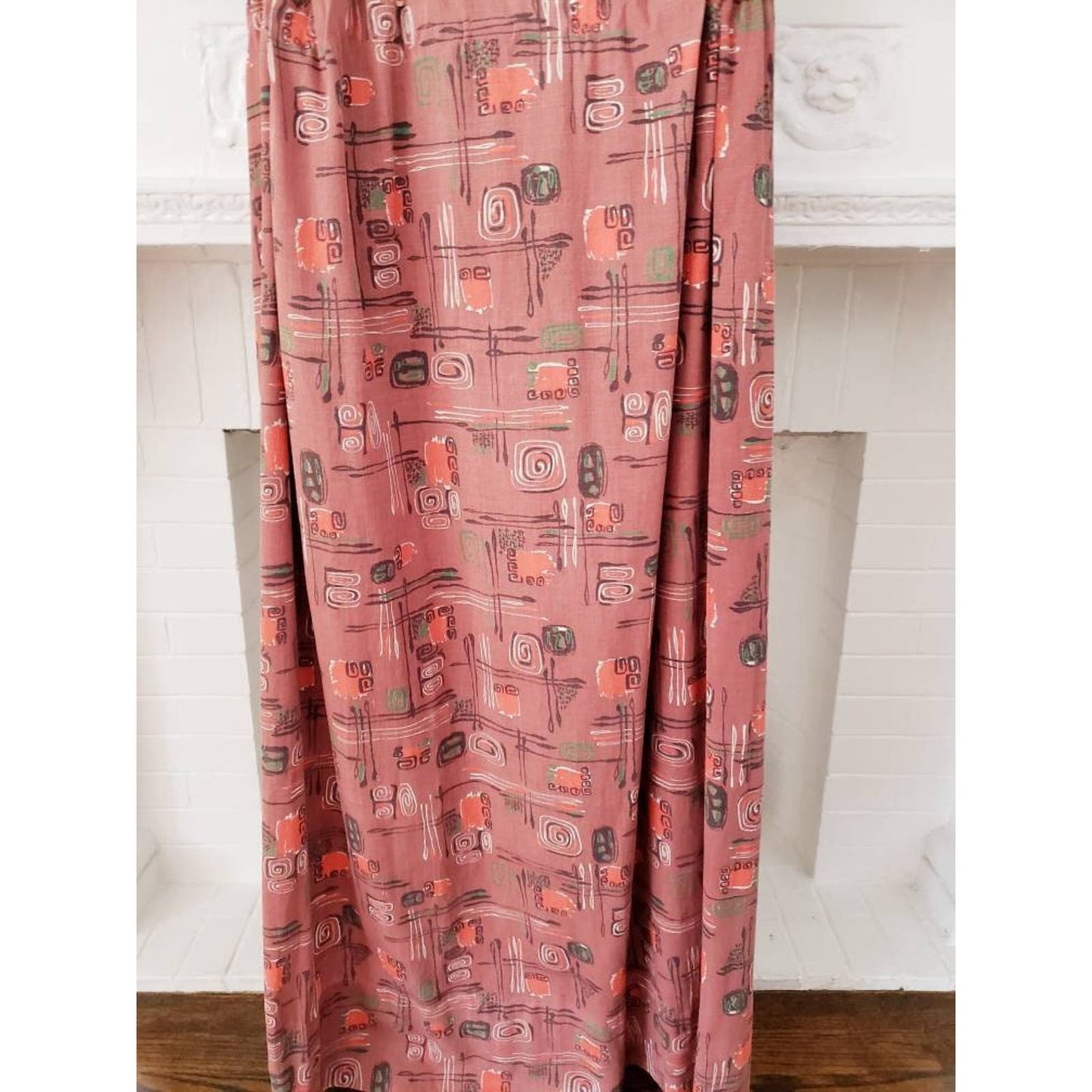 Vintage 40s Curtain Panel Brown Red Green Graphic Print MCM