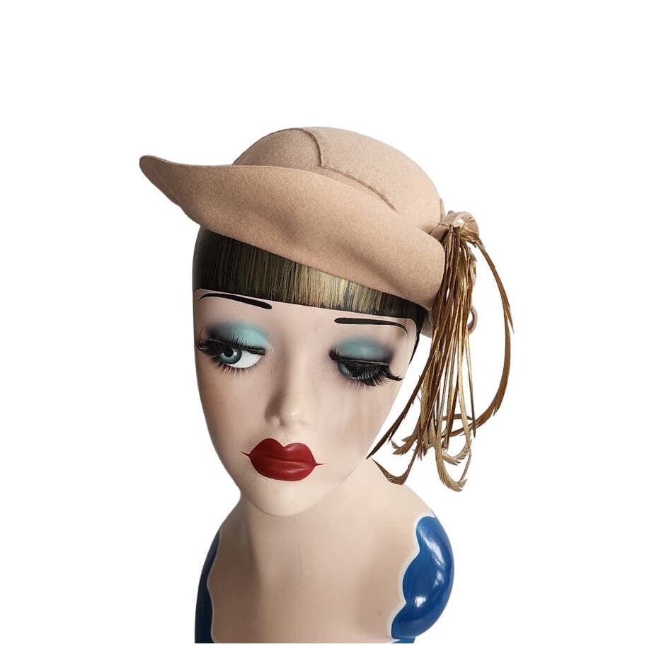 Vintage 50s Cocktail Hat Beige Wool Gold Feathers Beverly Devon