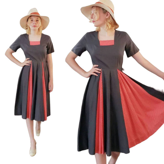 Vintage 50s Cotton Print Dress Gray Red Polka Dot Short Sleeves Circle Skirt
