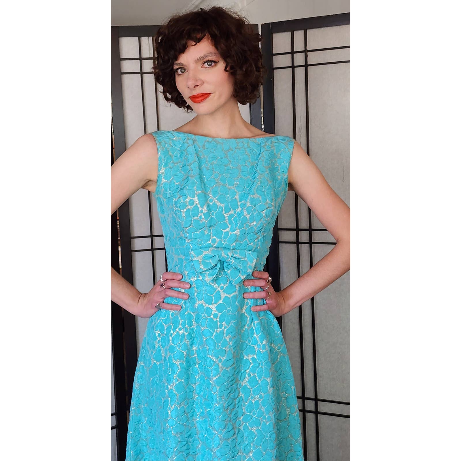 60s Party Dress Blue Gold Maxi Pebble Texture Sleeveless w/Bow / S – RareJule Vintage 60s Party Dress Blue Gold Maxi Pebble Texture Sleeveless w/Bow / S – RareJule Vintage