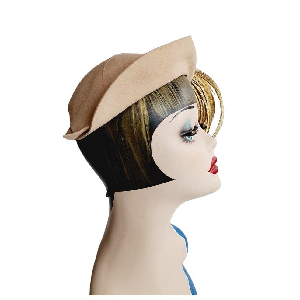 Vintage 50s Cocktail Hat Beige Wool Gold Feathers Beverly Devon