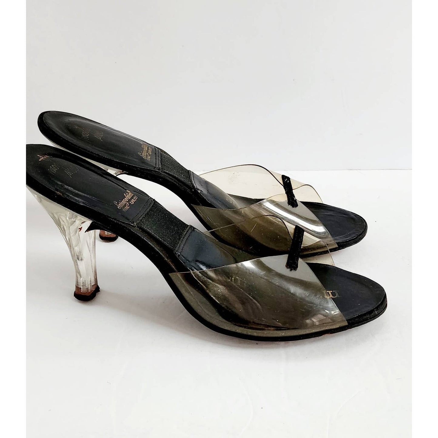 Vintage 50s Plastic Shoes Peeptoe Clear Lucite Slides Mules Springolators