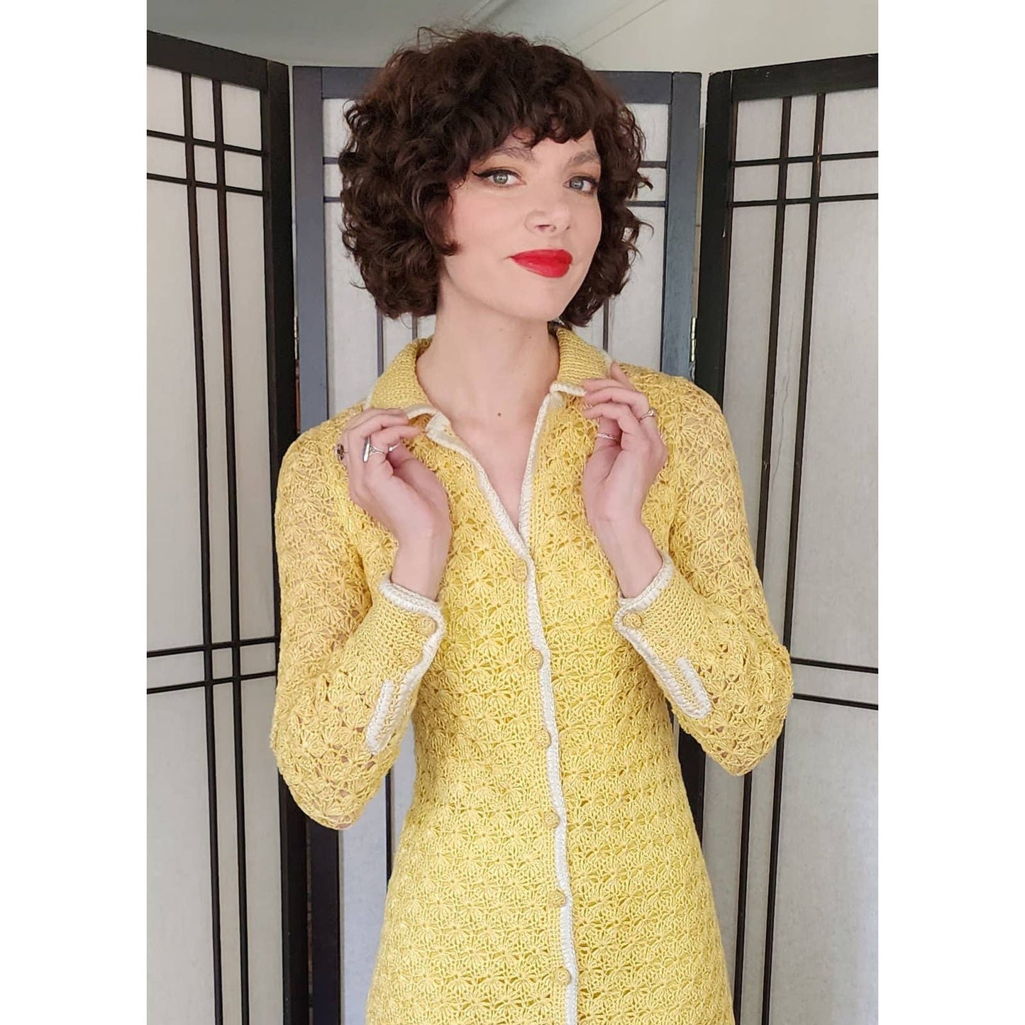 Vintage 60s Yellow Knit Dress Button Down Front Handmade France