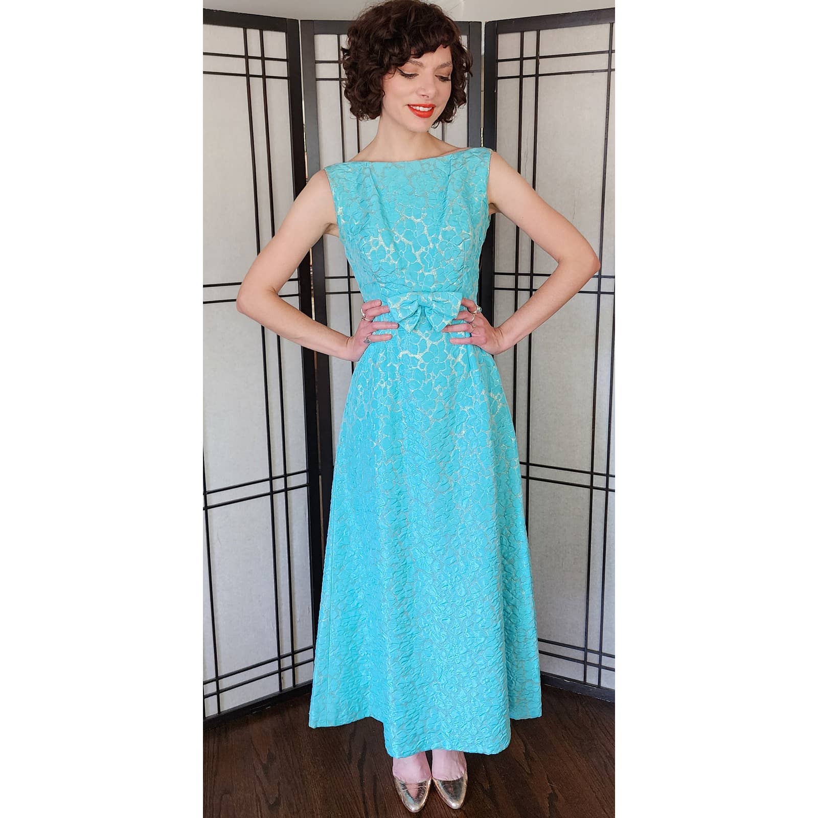 60s Party Dress Blue Gold Maxi Pebble Texture Sleeveless w/Bow / S RareJule Vintage 60s Party Dress Blue Gold Maxi Pebble Texture Sleeveless w/Bow / S RareJule Vintage
