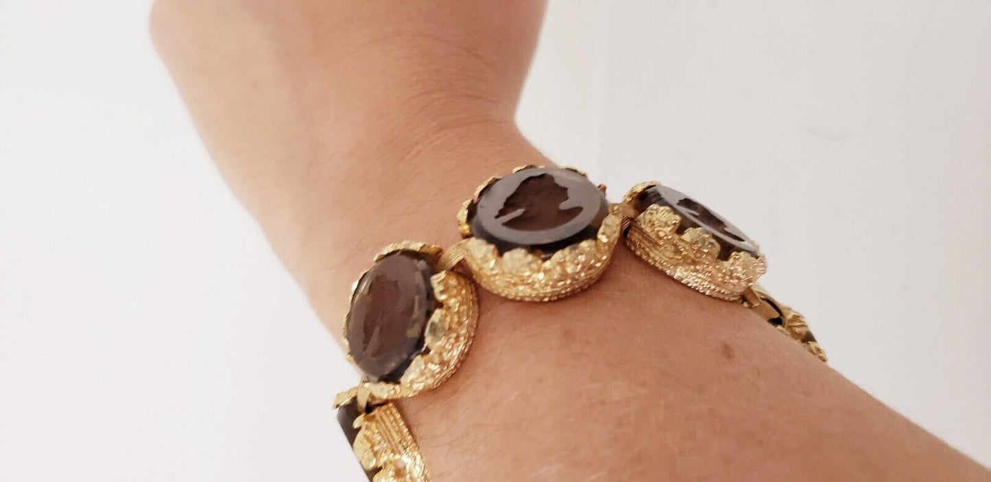 1960s Bracelet in Cut Crystal With Cameo & Hammered Gold Chunky Maximalist Baroque Ornate