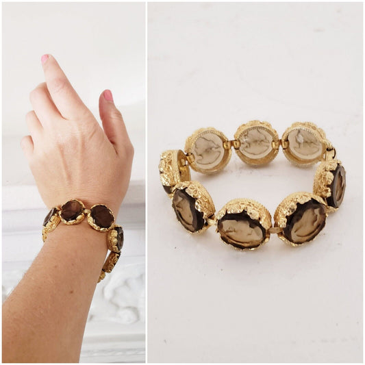 1960s Bracelet in Cut Crystal With Cameo & Hammered Gold Chunky Maximalist Baroque Ornate