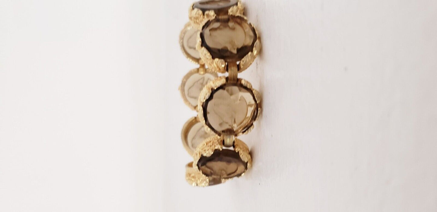 1960s Bracelet in Cut Crystal With Cameo & Hammered Gold Chunky Maximalist Baroque Ornate