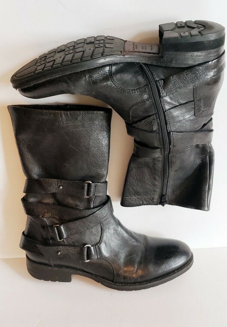 Vera Wang Lavender Black Leather Kippy Boots Buckle Straps Zipper 8 Mid Calf