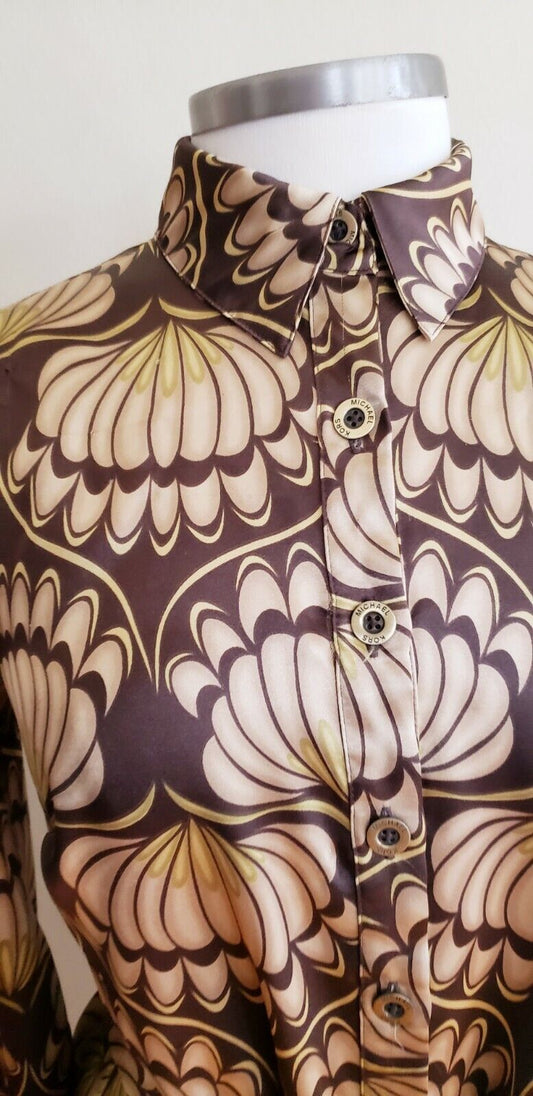 Button Down Long Sleeved Dress Designer Michael Kors Retro Print Pattern Brown Gold Swirly Pattern