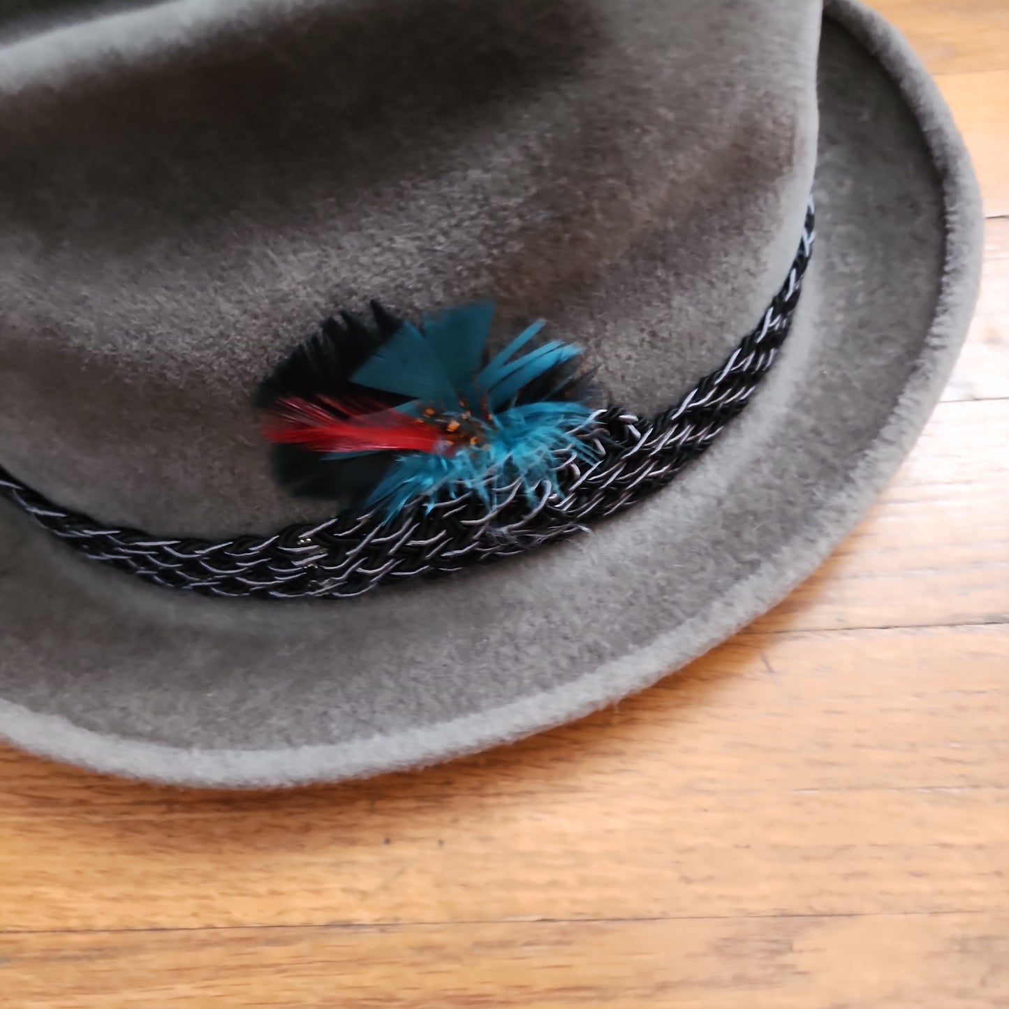 60s Mens Gray Fedora w/Feather in Brushed Wool by Mallory