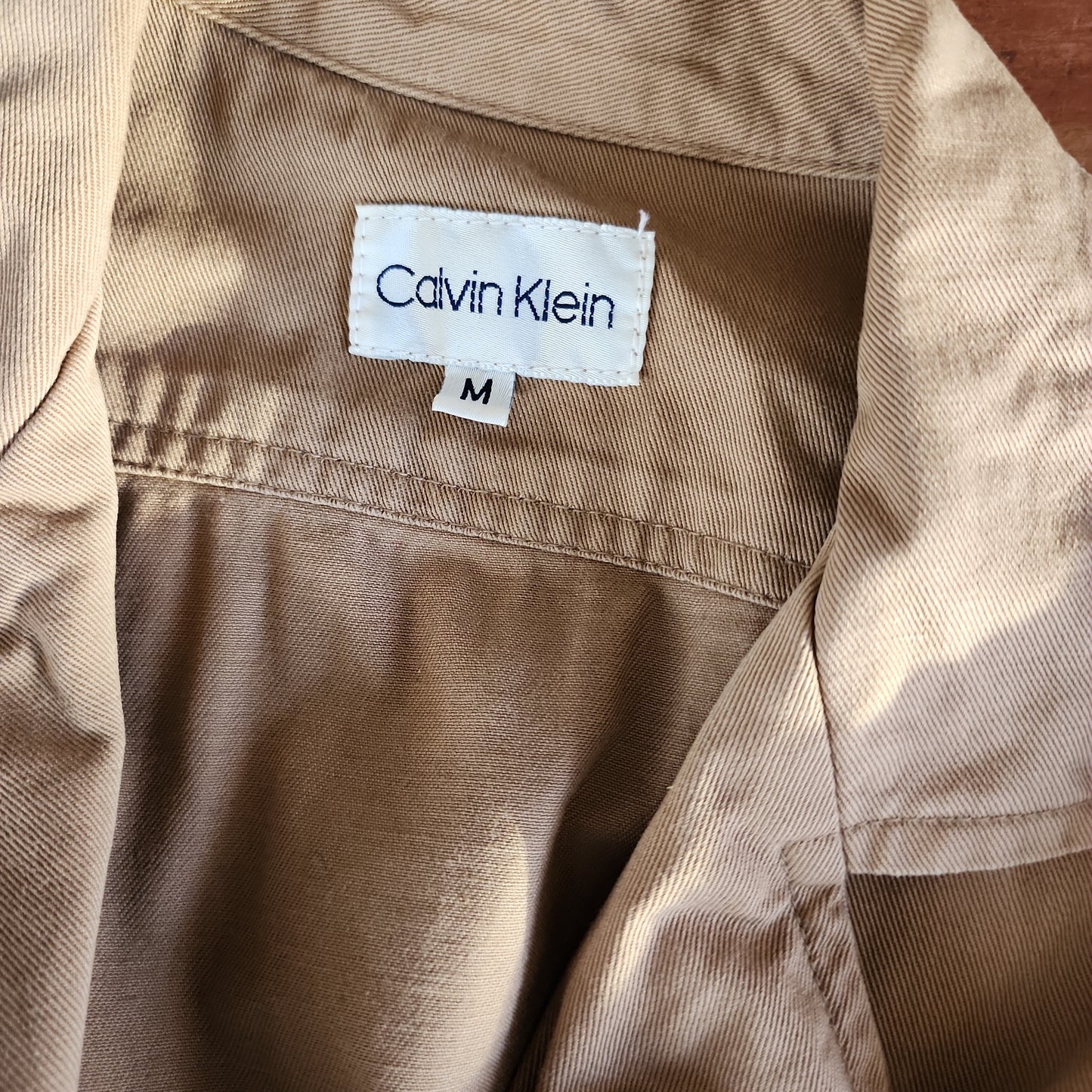 80s Calvin Klein Shirtdress Long Sleeved, Beige Cotton Canvas Safari Khaki Med