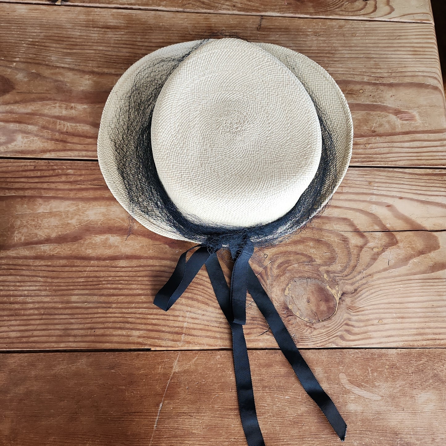 1940s Beige Straw Hat with Black Ribbon by Gage Brothers