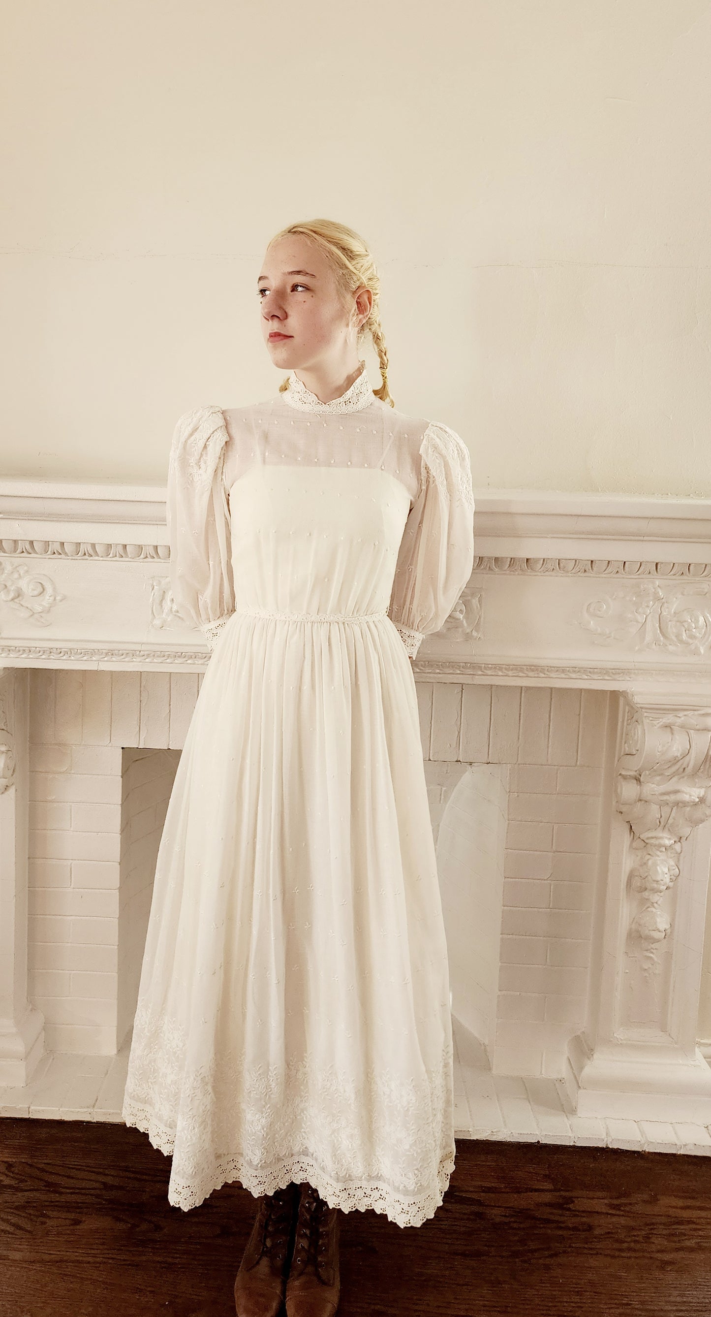 70s White Maxi Dress Neo Edwardian Meets Prairie Style Dotted Swiss & Eyelet Cotton XS