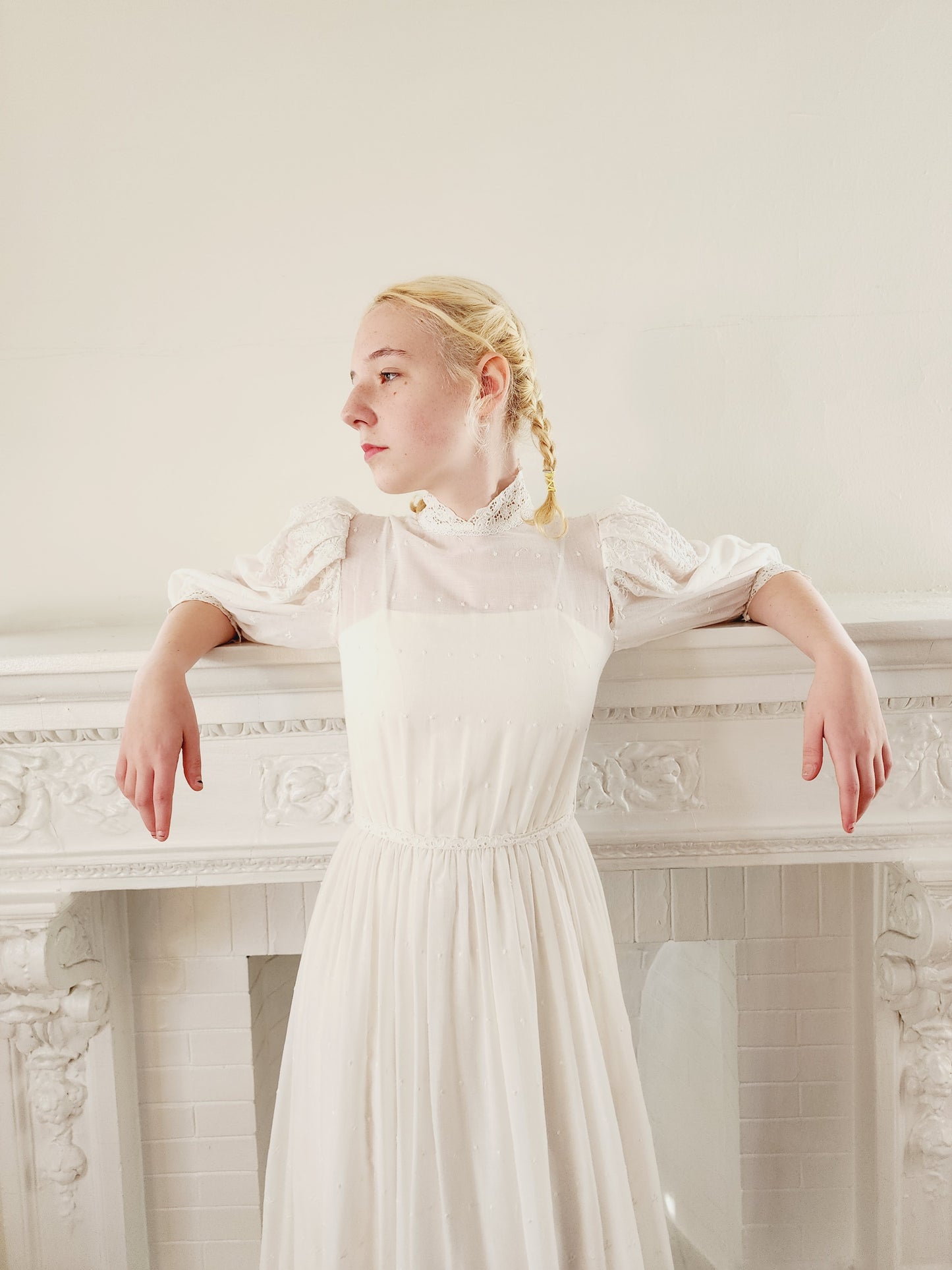 70s White Maxi Dress Neo Edwardian Meets Prairie Style Dotted Swiss & Eyelet Cotton XS