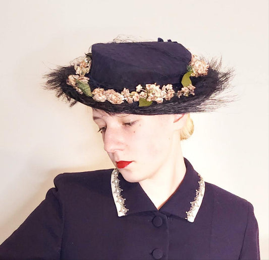 50s Navy Blue Straw Flat Top Hat Black Horse Hair Quills & Cream Flowers Shabby Chic
