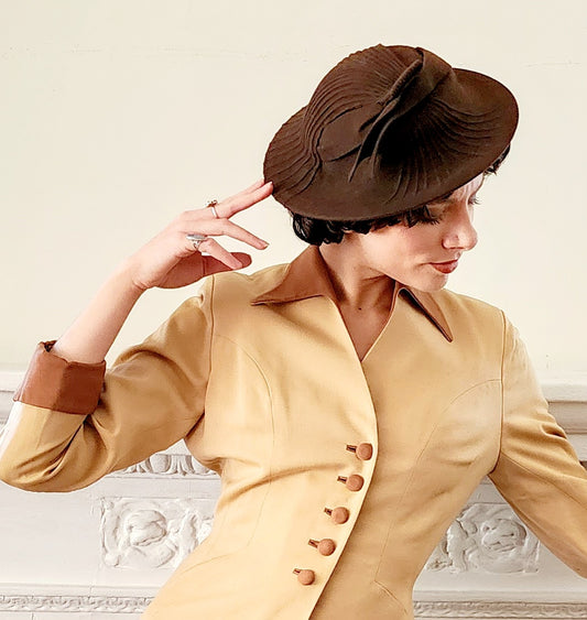 30s Brown Wool Hat with Ribbing and Asymmetrical Sash Panel Blum's Evanston