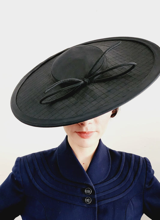 50s Black Platter Hat Midcentury New Look Style Saucer Pancake Bennett's Millinery Evanston