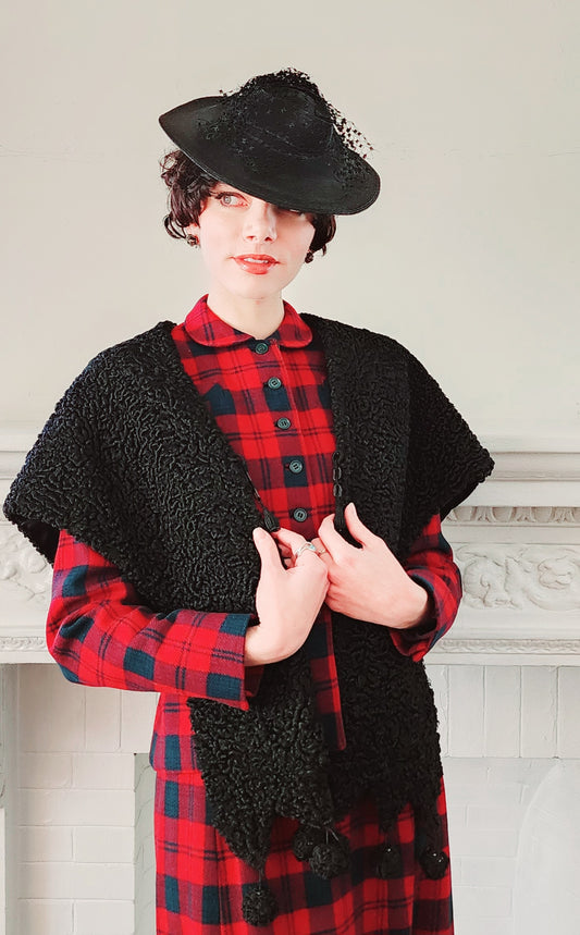 40s Shrug in Black Curly Lamb Persian Wool Wrap Stole by Ferris Bros Furs Chicago