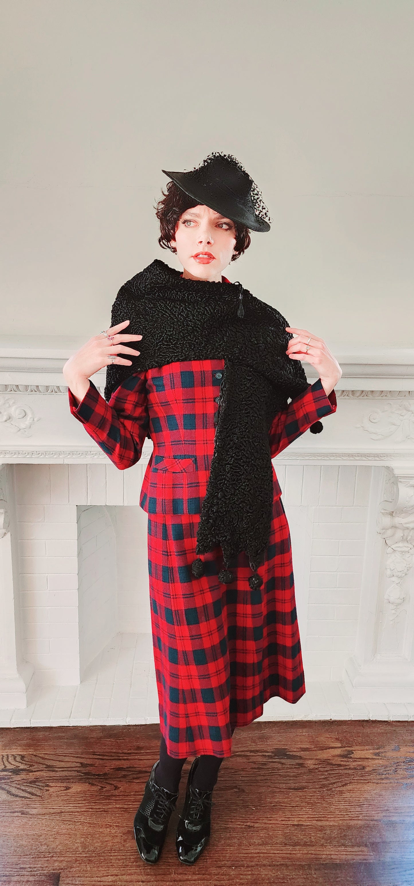 40s Shrug in Black Curly Lamb Persian Wool Wrap Stole by Ferris Bros Furs Chicago