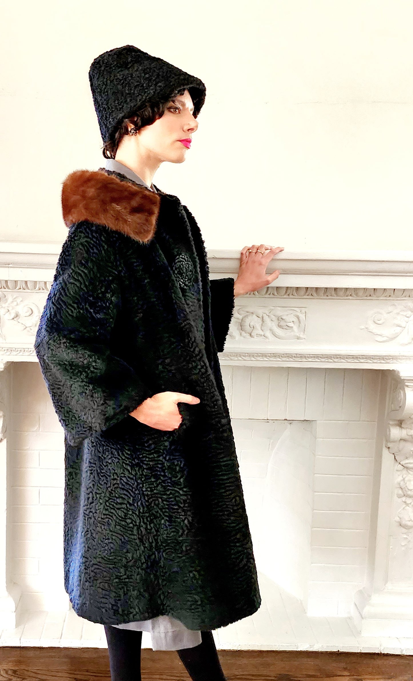 60s Black Coat in Faux Persian Curly Wool by Sai Shai & Brown Mink Collar Howard Lyon Inc