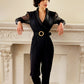 80s Black Jumpsuit with Long Sleeve Sheer Sleeves Gold Rhinestone Buckle Belt by J.R. Nites Small
