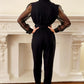 80s Black Jumpsuit with Long Sleeve Sheer Sleeves Gold Rhinestone Buckle Belt by J.R. Nites Small