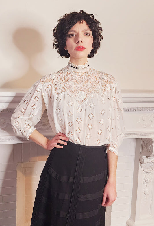 Edwardian Blouse White Cotton Lace with Eyelets and Back Ribbon Closure Small
