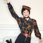80s Liz Claiborne Long Sleeved Blouse Marching Band Print Dark Rayon M