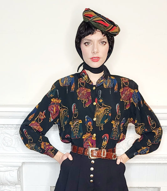 80s Liz Claiborne Long Sleeved Blouse Marching Band Print Dark Rayon M