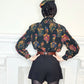 80s Liz Claiborne Long Sleeved Blouse Marching Band Print Dark Rayon M