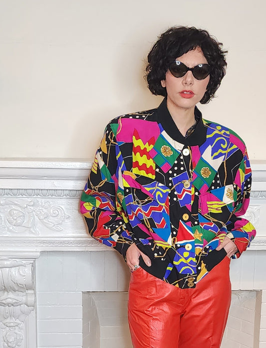 90s Colorful Graphic Silk Print Jacket Dana Buchman Large