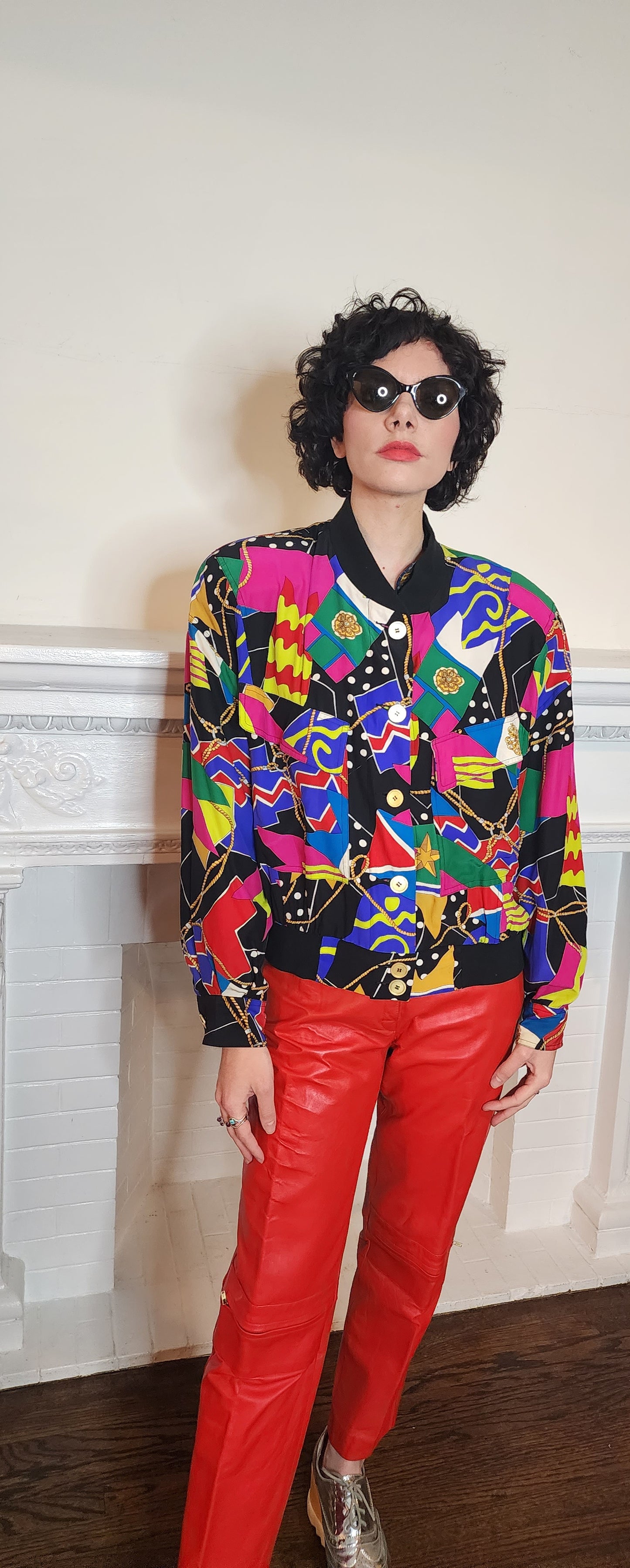 90s Colorful Graphic Silk Print Jacket Dana Buchman Large