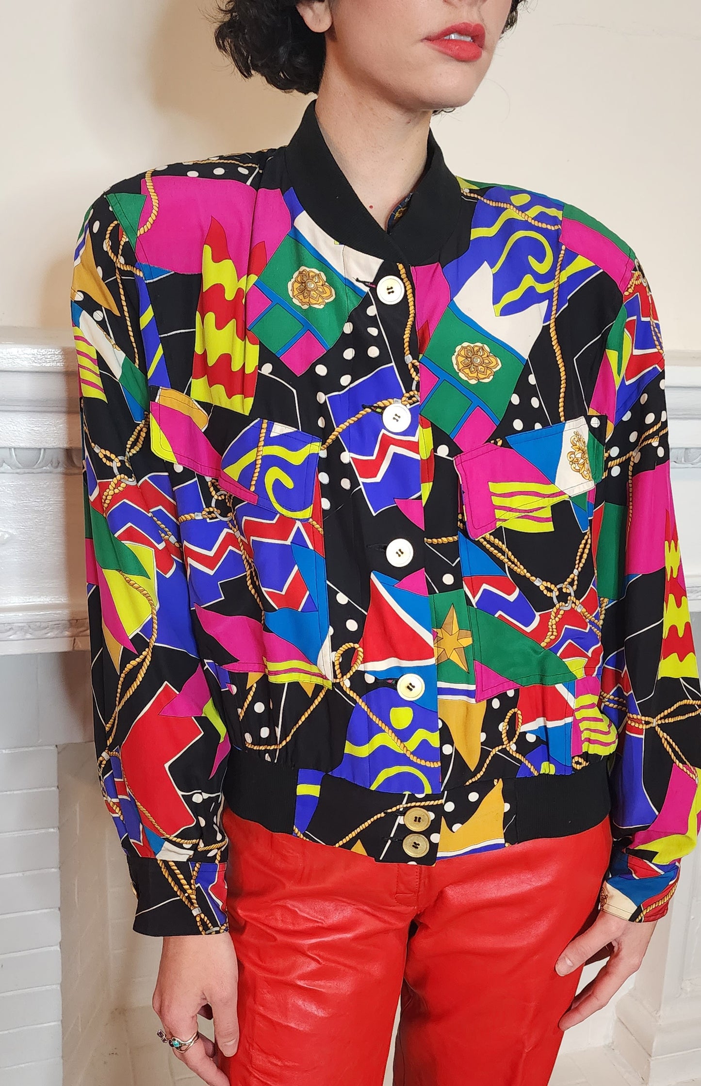 90s Colorful Graphic Silk Print Jacket Dana Buchman Large