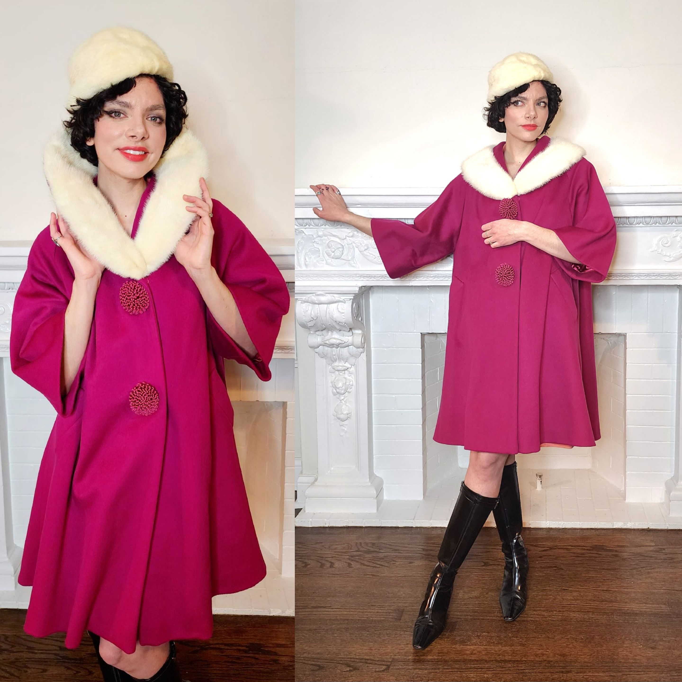 60s Lilli Ann Coat Fuschia Pink Wool White Mink Fur Collar A Line Larg RareJule Vintage