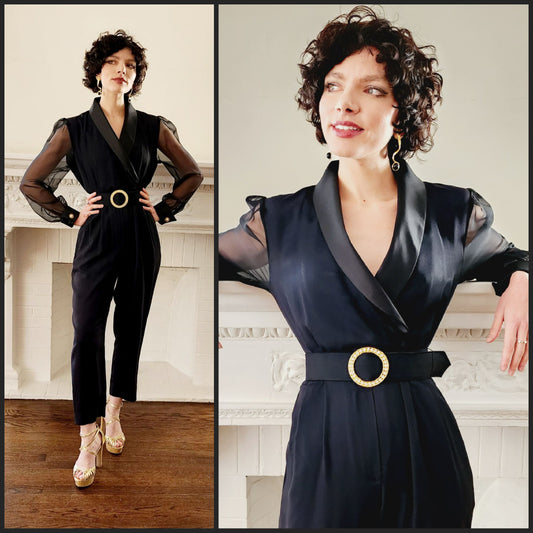 80s Black Jumpsuit with Long Sleeve Sheer Sleeves Gold Rhinestone Buckle Belt by J.R. Nites Small