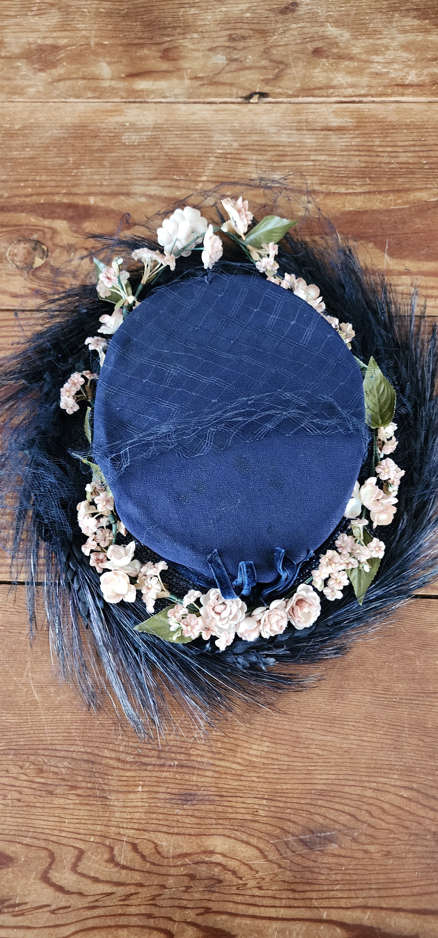 50s Navy Blue Straw Flat Top Hat Black Horse Hair Quills & Cream Flowers Shabby Chic