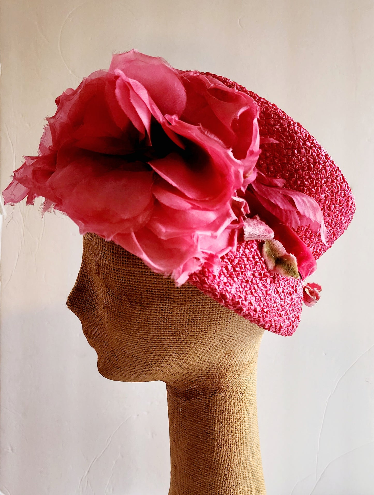 60s Pink Straw Bucket Hat Large Flowers Fuschia Spring Summer Garden Party