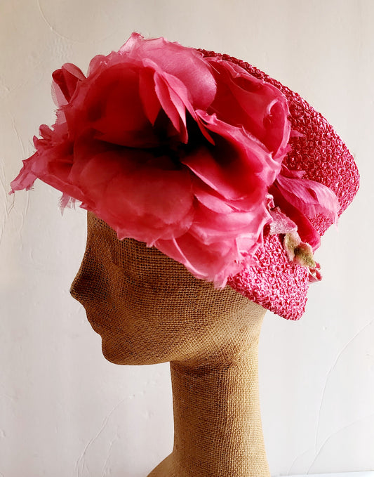 60s Pink Straw Bucket Hat Large Flowers Fuschia Spring Summer Garden Party