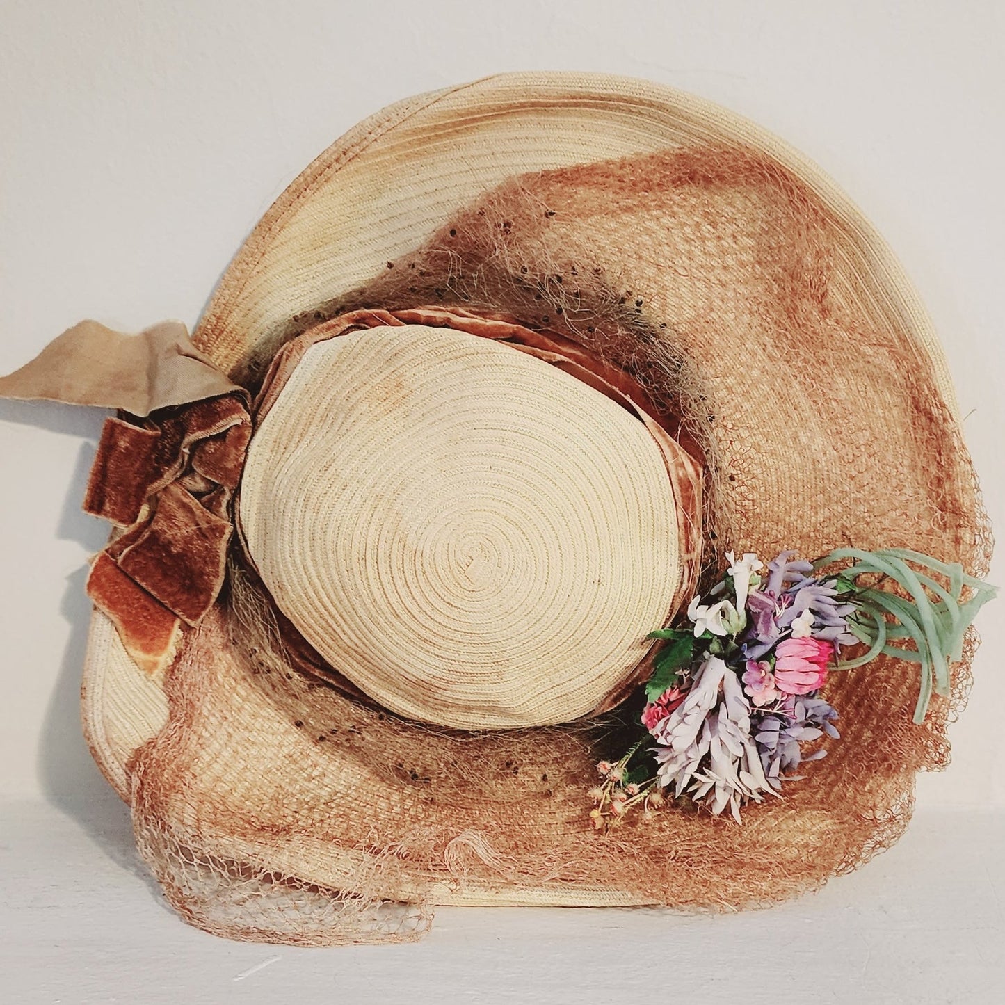 30s Beige Straw Summer Hat - Wide Brimmed with Veil and Flowers