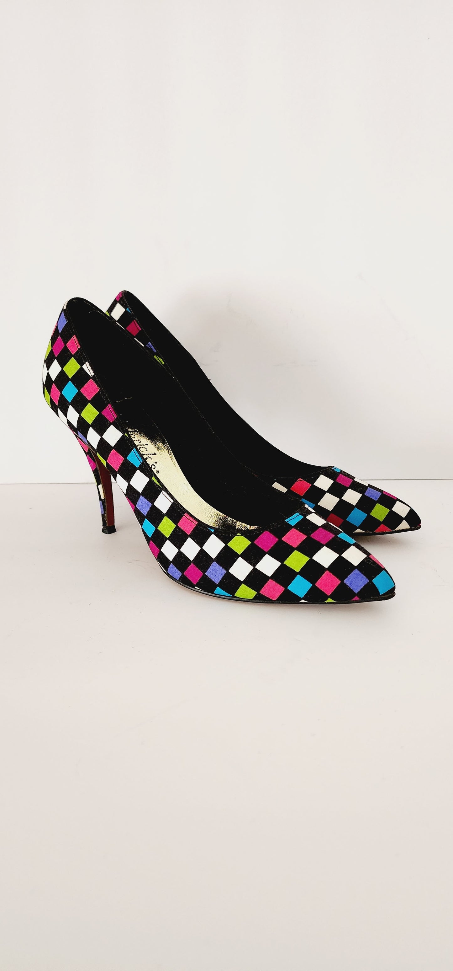 1980s High Heel Shoes Colorful Checked Print Pumps Fredericks of Hollywood size 8.5