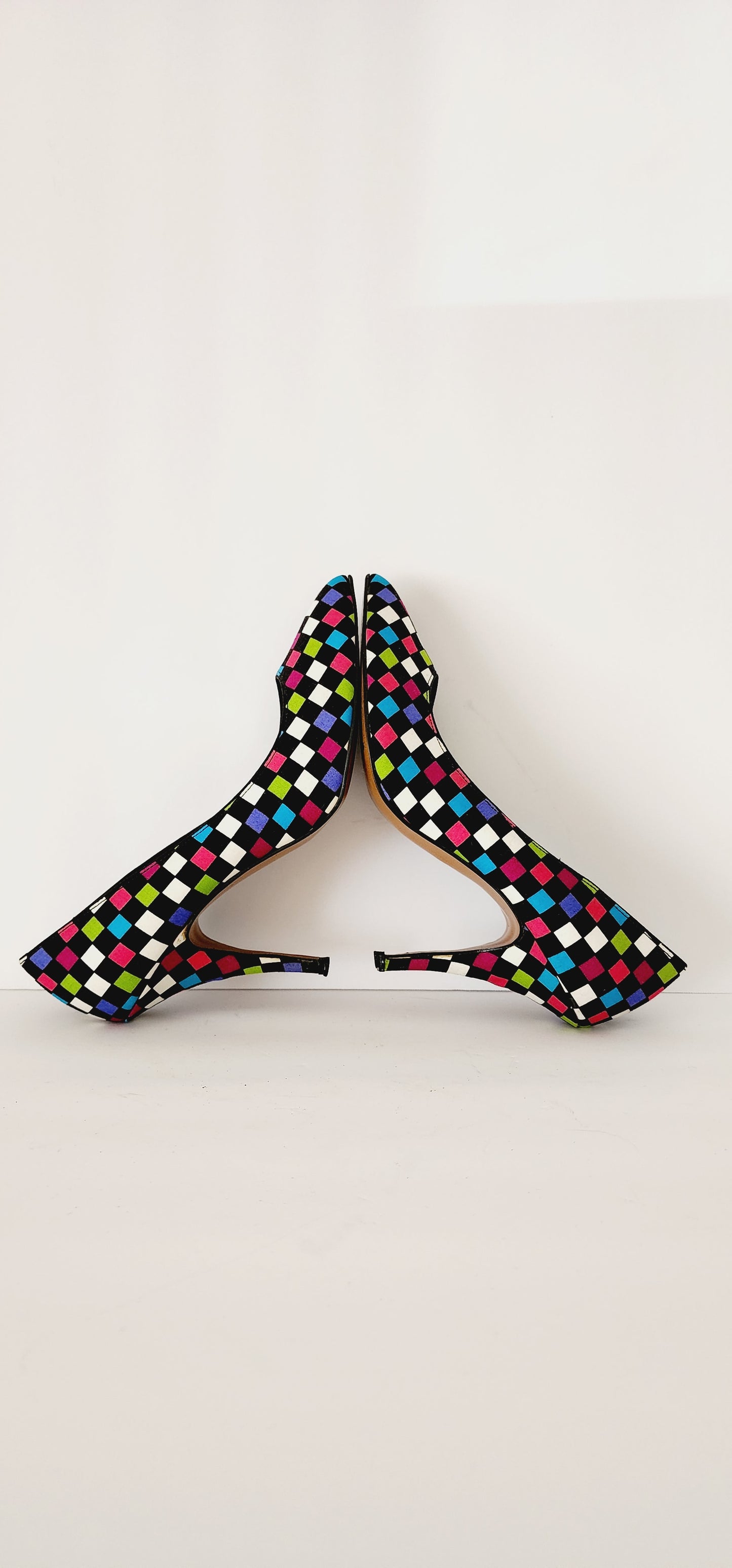 1980s High Heel Shoes Colorful Checked Print Pumps Fredericks of Hollywood size 8.5