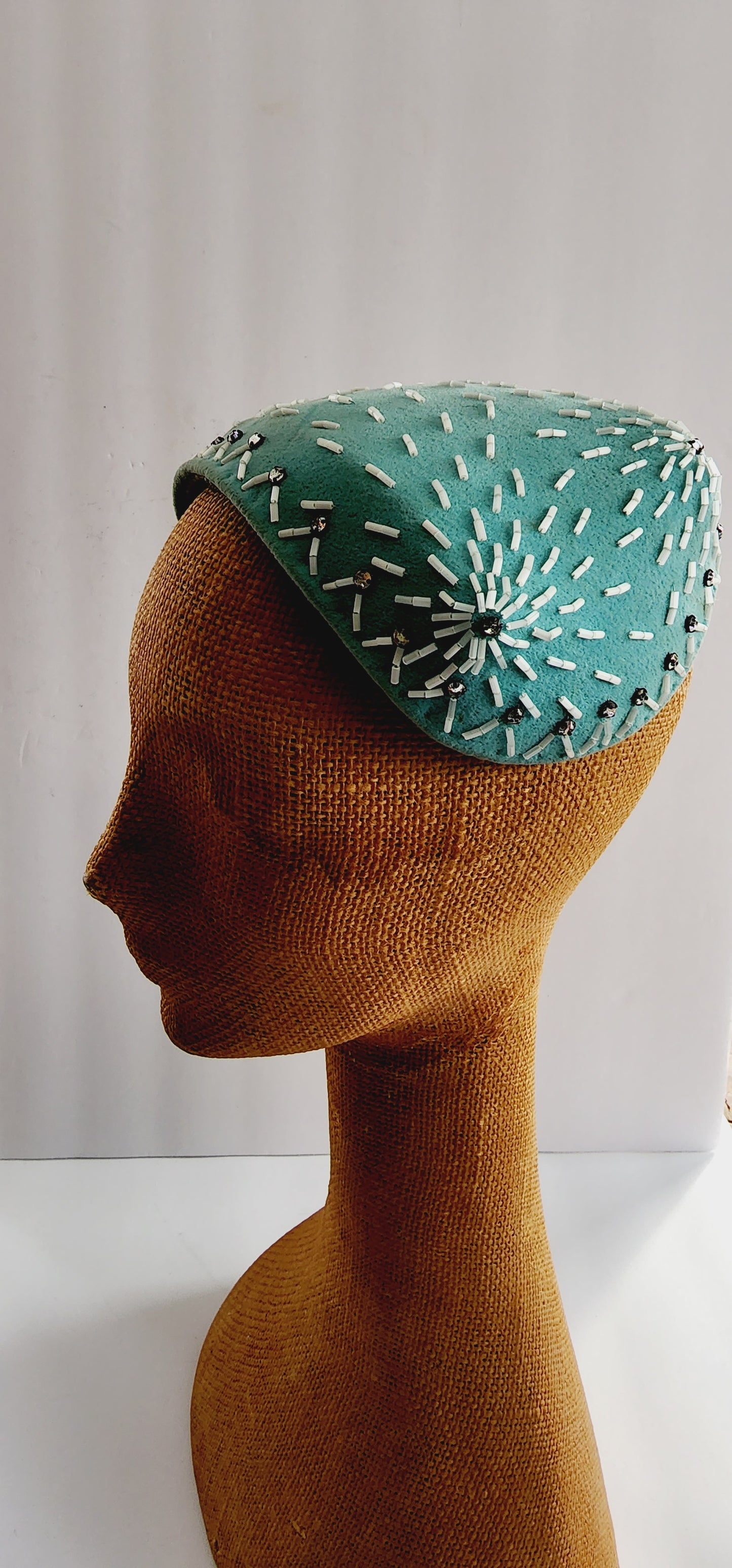 50s Pale Blue Cocktail Hat w/Mother of Pearl Beading Handmade