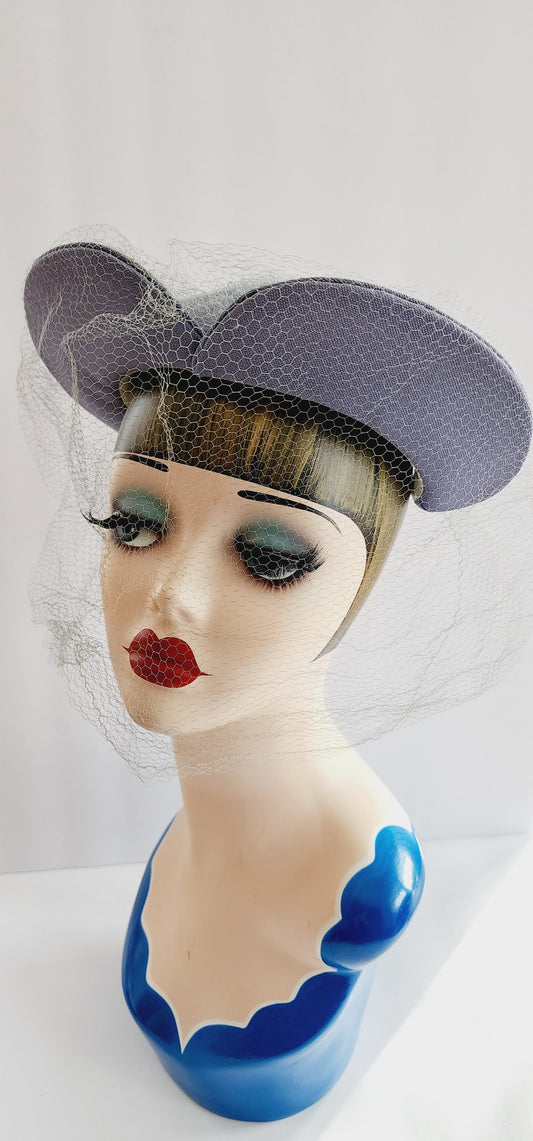 1940s or 1950s Gray Halo or Tricorn Hat with Veil a la Elizabethan Age