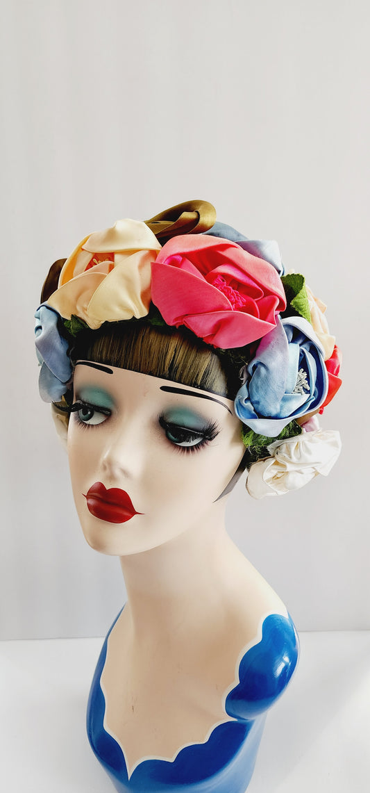 60s Sculpted Flower Hat Multicolored Bouquet Cap by Don Anderson New York