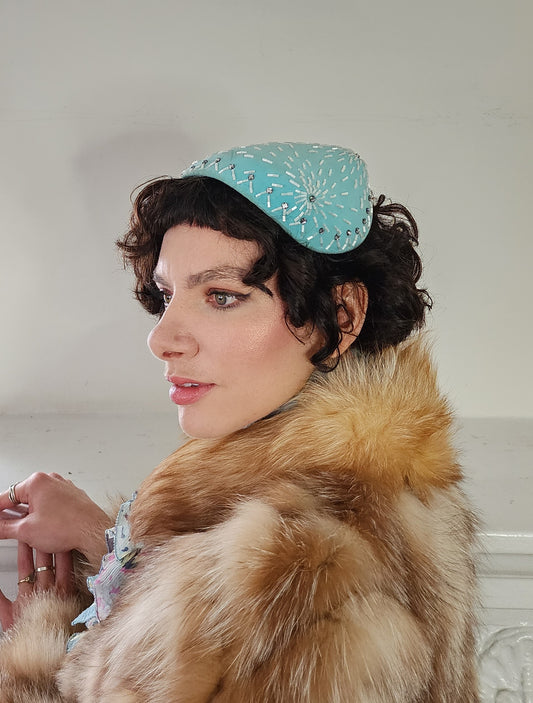 50s Pale Blue Cocktail Hat w/Mother of Pearl Beading Handmade