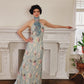 90s Does 30s Silkprint Flower Dress with Halter Top Jabot, Sleeveless S