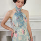 90s Does 30s Silkprint Flower Dress with Halter Top Jabot, Sleeveless S