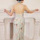 90s Does 30s Silkprint Flower Dress with Halter Top Jabot, Sleeveless S