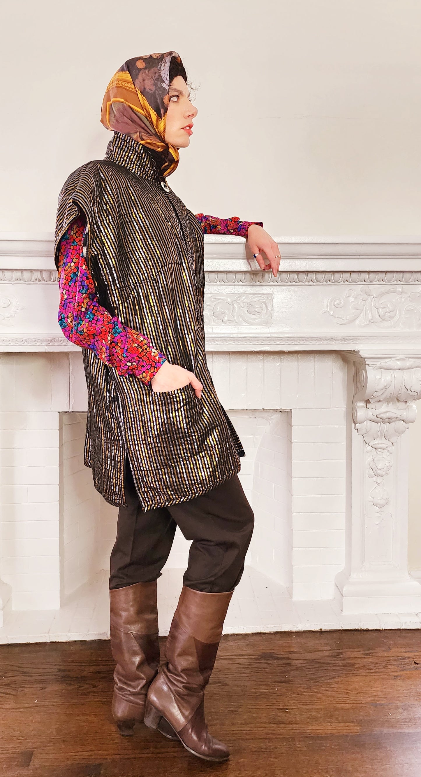 90s Artisinal Handmade Jacket Tunic Vest Reversible in Mixed Media & Leather by Nadya Bali