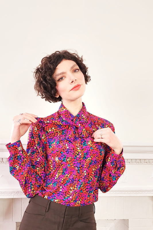 80s Colorful Button Down Shirt Multicolored Fuschia Pebble Print Long Sleeves Neck Scarf by Harlan